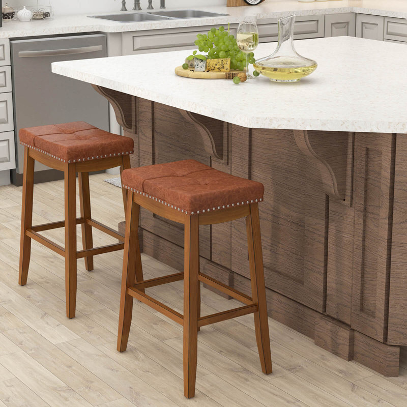 Saddle Bar Stools With Pu Leather Seat Solid Rubber Wood Frame Footrest, Bar Stool (29” Seat Height), 2