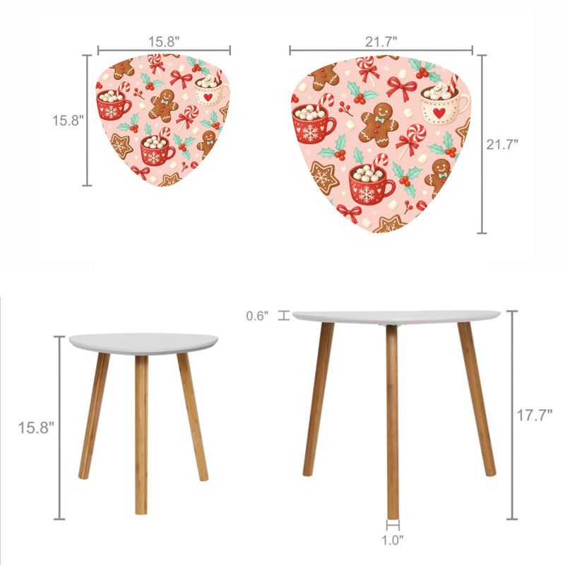 Ensemble de 2 tables basses gigognes triangulaires modernes, motif pain d'épices de Noël, chocolat chaud, style milieu du siècle, petites tables d'appoint pour salon, chambre, appartement, décoration intérieure