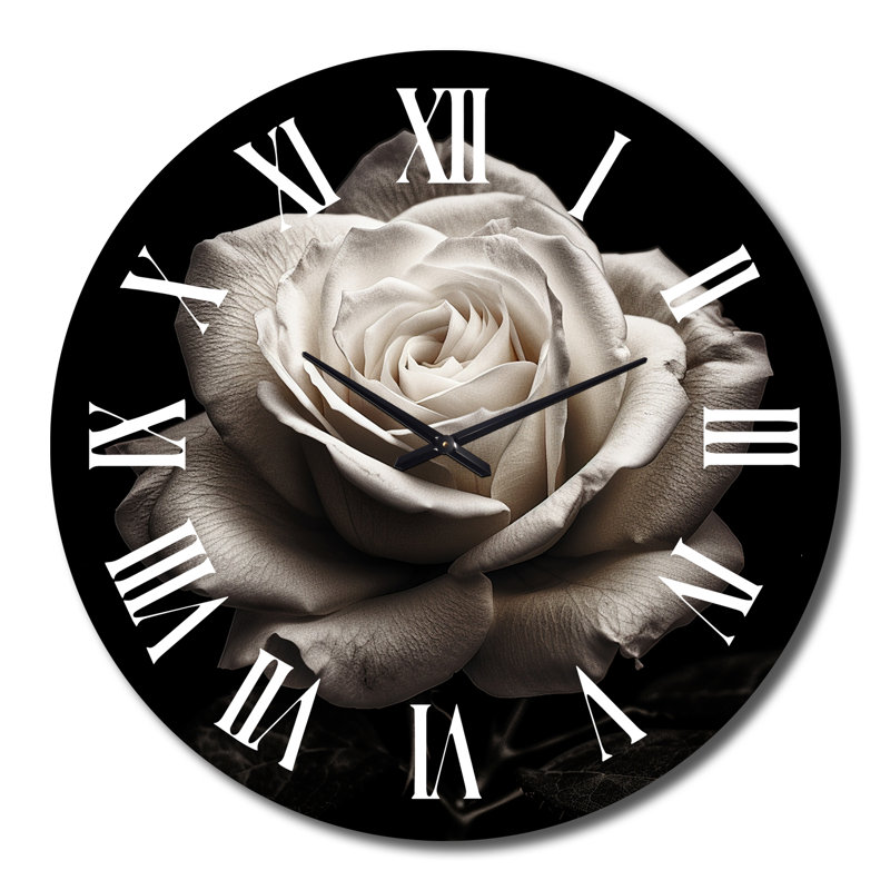 Horloge murale rose, horloge décorative fleur blanche - gouttelettes de rosée du matin I, Grand