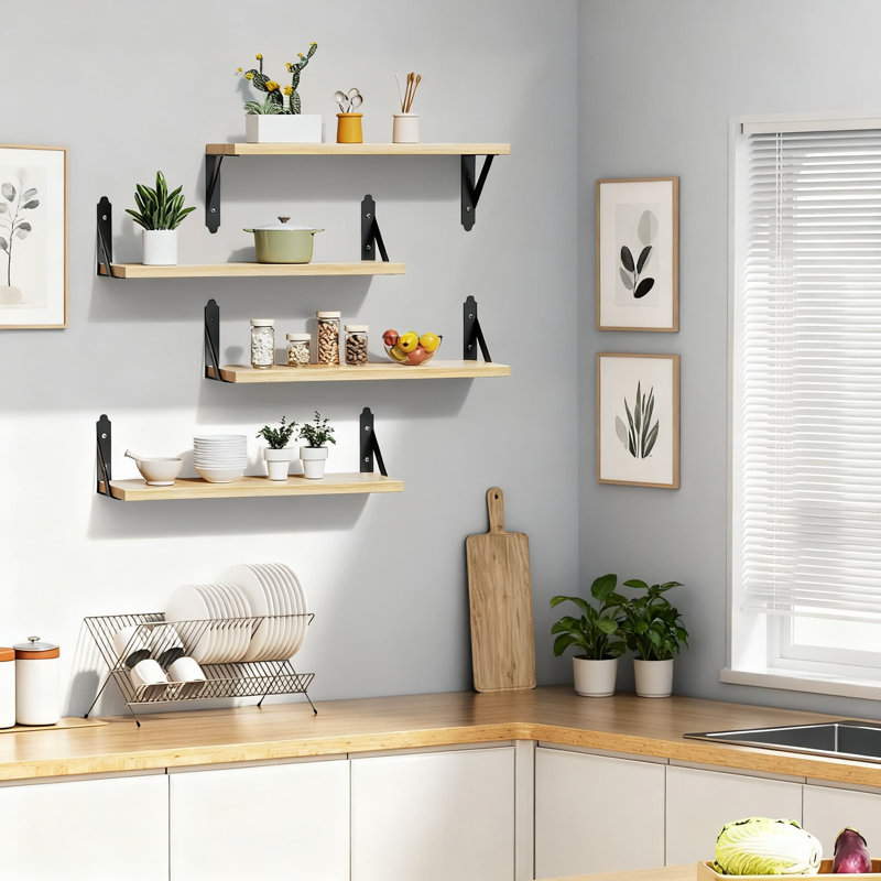Floating Shelves Set Of 4, Rustic Wood Wall Mounted Storage Shelves For Living Room, Bedroom, Bathroom Decor, Natural