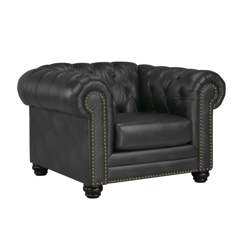  Ornellas 48" Leather Rolled Arm Chesterfield Armchair, Charcoal Genuine Leather