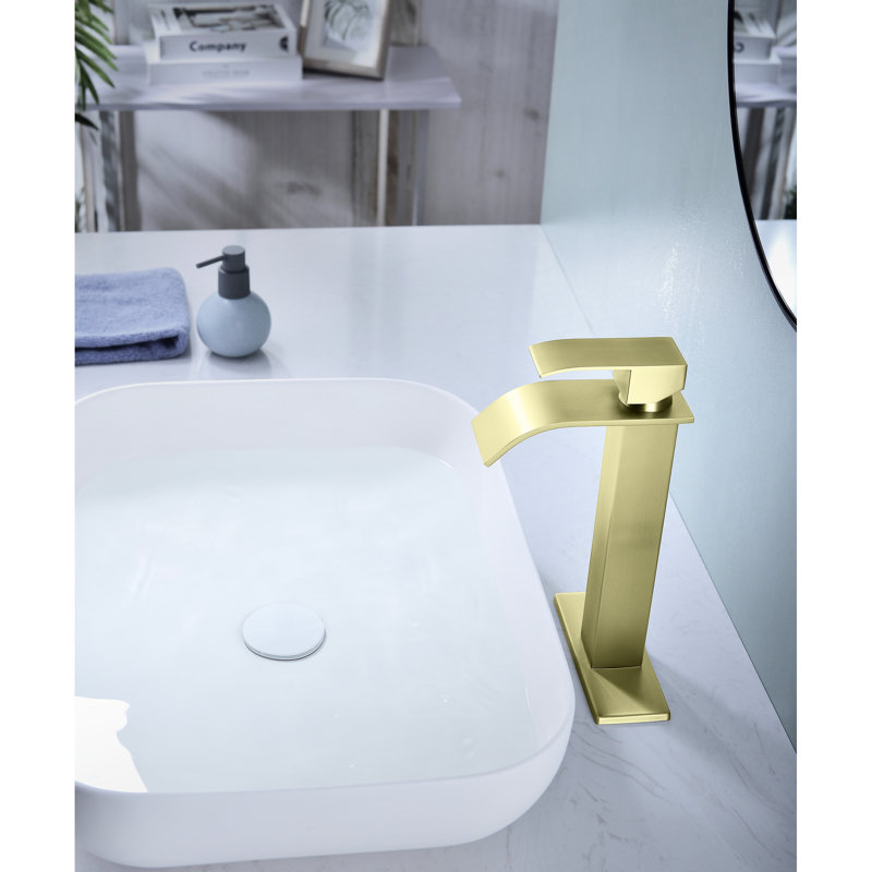Single Handle Bathroom Faucet With Waterfall Spout, Brushed Gold, Stainless Steel, Functional Essential Spout Sink Tap, In Stylish Addition