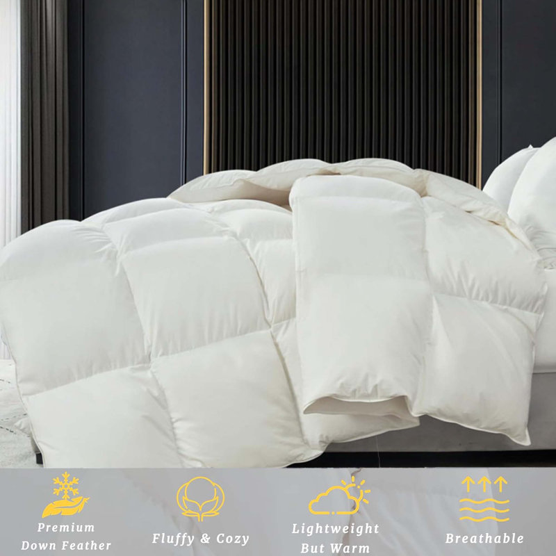 All-Season High Fill Power Feather Down Comforter 100% Cotton Cover Bed Comforter, Queen