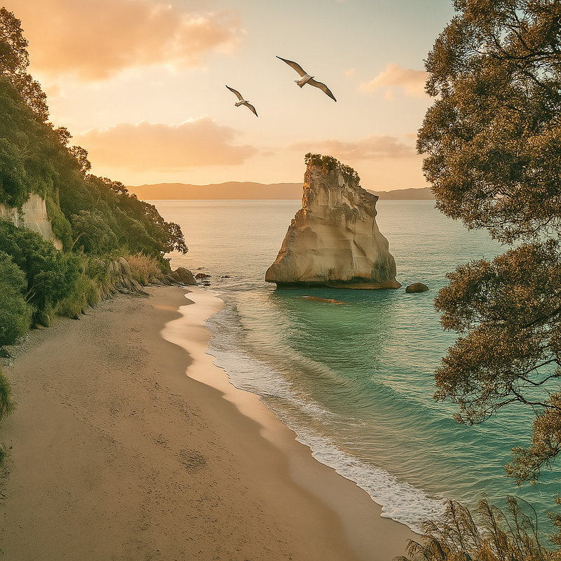 Art mural sur toile Sunlit Cathedral Cove - Coastal Rock Formation, H 20 po x l 20 po