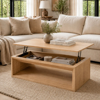 Table basse 43,3 po à plateau relevable moderne en placage de bois massif avec rangement et hauteur réglable pour le salon, la chambre à coucher et le bois naturel