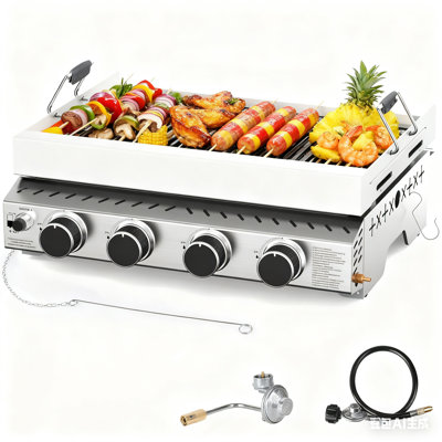 4-Burner Tabletop Propane Gas Griddle, 24-Inch (Approx. 61.0 Cm) Removable Griddle Plate With Handles, 32,000Btu Portable Stainless Steel Gas Grill – Perfect For Camping, Outdoor Cooking & Tailgating