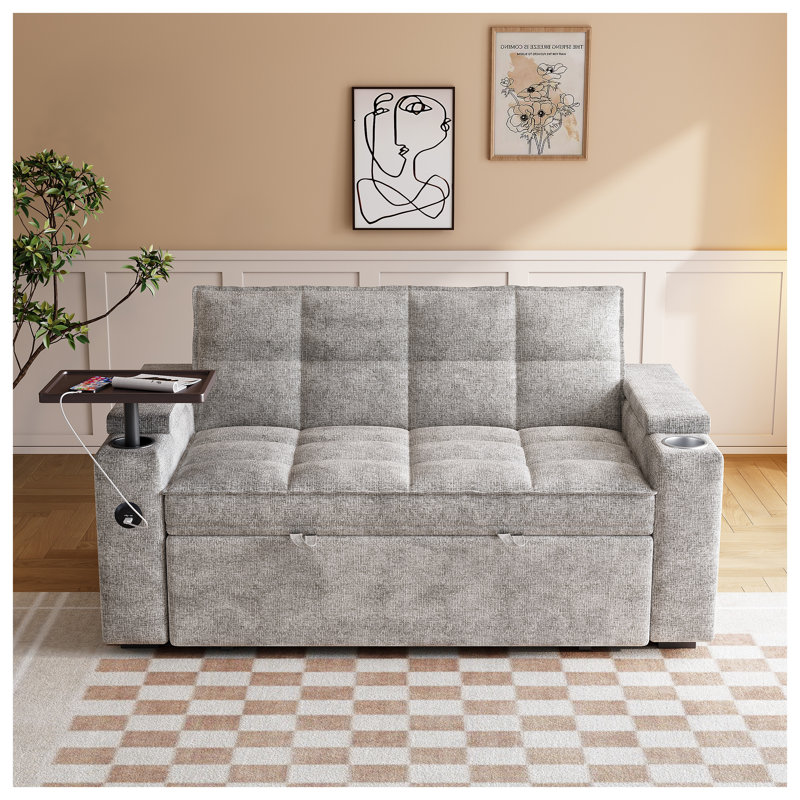 Canapé-lit convertible 65 po en chenille 65 po avec table d'appoint pivotante à 360 ° et charge USB - canapé-lit gris moderne pour petits espaces