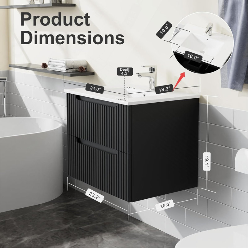 Ensemble de meuble-lavabo mural 24 po avec évier flottant, système de fermeture en douceur, 2 très grands tiroirs, noir