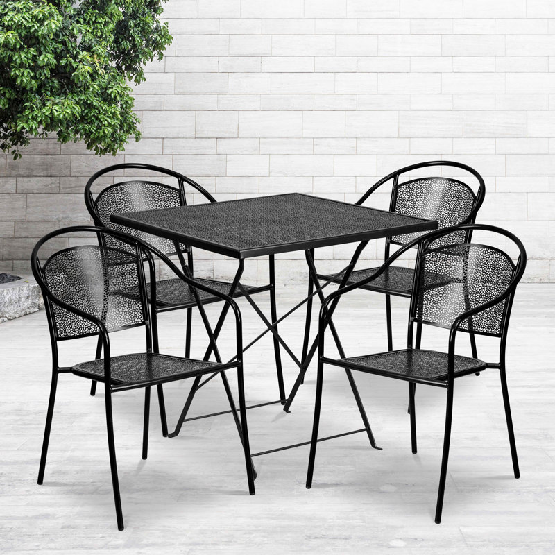 Jeffry 28'' Square Indoor-Outdoor Folding Patio Table Set with 4 Round Back Chairs, Black
