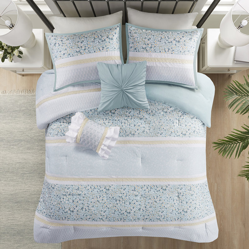 Édredon 100% seersucker avec coussins décorés de dentelle - Literie dans la chambre à coucher avec broderie, Turquoise