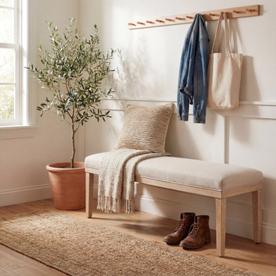 Modern Entryway Bench with Fabric Cushion, 53" Hallway Seat for Putting On Shoes, Wooden Legs, Beige Upholstery​​