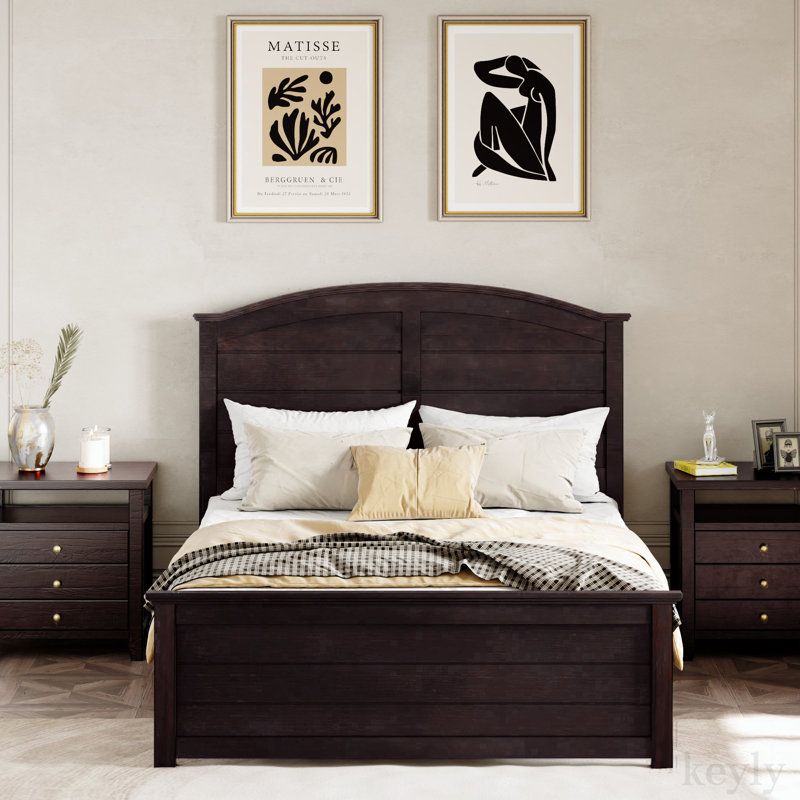 Lit plateforme moderne en bois avec tête de lit à panneau, Grand, Espresso