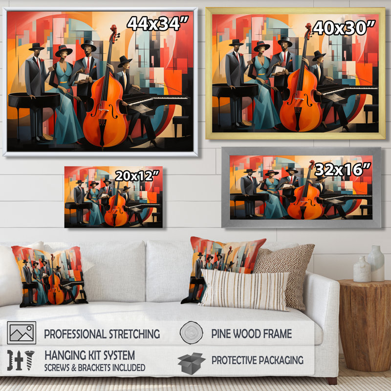 Abstrait Harlem Jazz Quartet - Musician, impression d'art mural, Toile avec cadre flottant brun, H 16 po x l 32 po x P 1 po