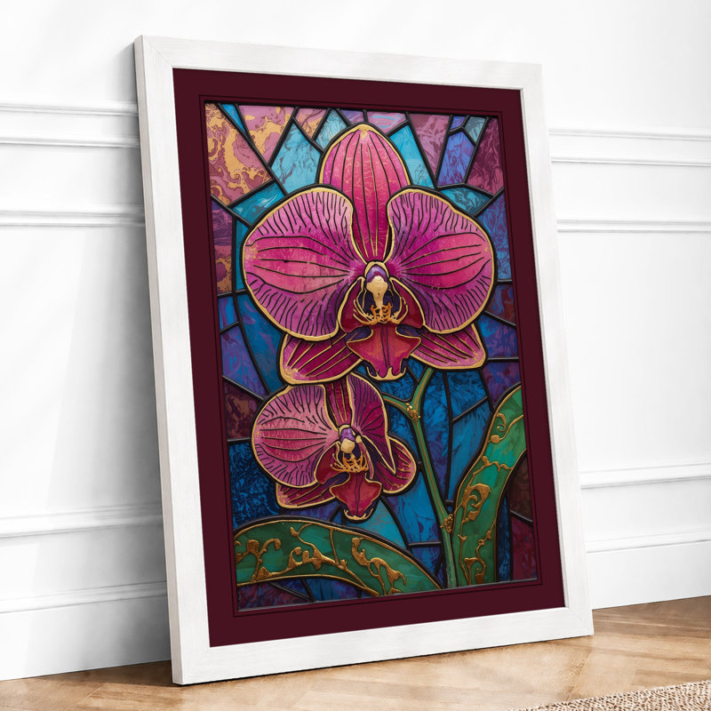 Stained Glass Orchids Botanical - Framed Print, A3 - 42.0 x 29.7 cm, White