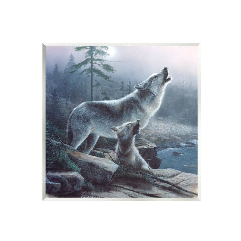 «Howling Wolf and Pup Landscape» par Kevin Daniel - Peinture, Giclée encadrée noir minuit, H 12 po x l 12 po x P 1,5 po