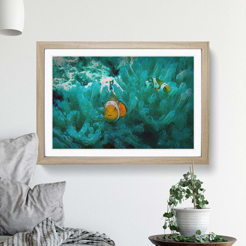 Clownfish and Sea Anemone in Abstract - Picture Frame Graphic Art Print, 36cm H x 48cm W x 2cm D, Oak Framed