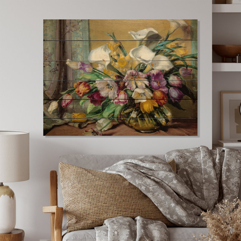 Nature morte de fleurs mauves jaunes et blanches - Décoration murale traditionnelle en bois - Bois de pin naturel