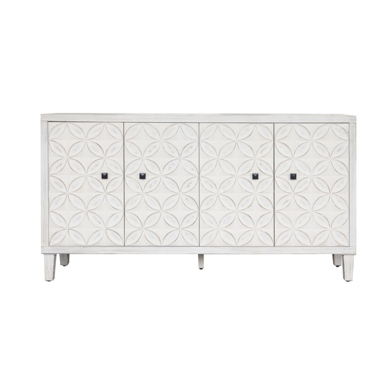 Accent Cabinet 4 Shutter Door Wooden Cabinet, White Washed