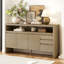 Buffet U_Style 60 po à 3 portes avec 3 tiroirs - Buffet moderne en placage de frêne massif, tablette semi-ouverte et découpe semi-circulaire centrale dans le panneau arrière, grande armoire de rangement pour le salon, le couloir et la salle à manger-877401668