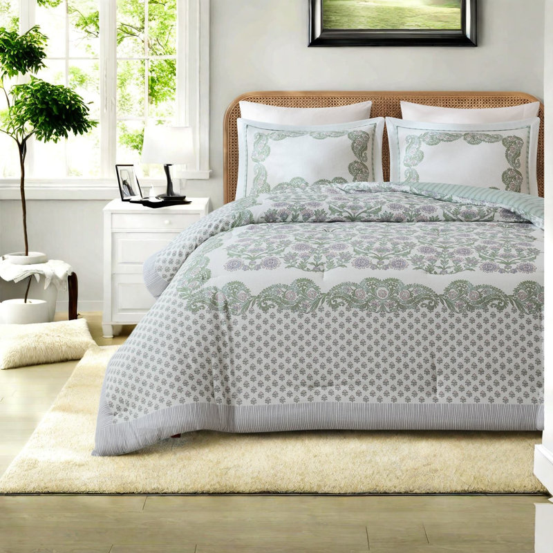 -Piece King Cal King Bedding Sets, Sage Floral Cotton Blend Comforter for Home
