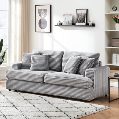 88,23 po Corduroy 3 places en gris, 4 coussins assortis, sièges modernes et spacieux, confortable pour différentes postures, tissu, pieds en plastique, installation facile à différents endroits avec dossier allongé gris,