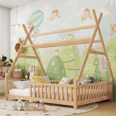 Lit en bois Kiran avec toit amovible et cadre en bois pour enfants