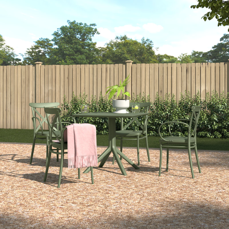 Cordelia 4-Person Plastic Patio Dining Set with Stackable Chairs, Olive Green