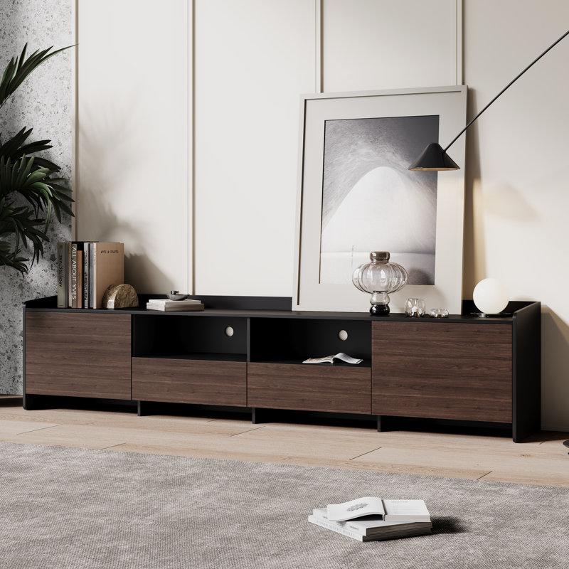 Modern 78'' Black And Walnut TV Stand With Storage Cabinets And Drawers,Media Console With Open Shelves For Living Room
