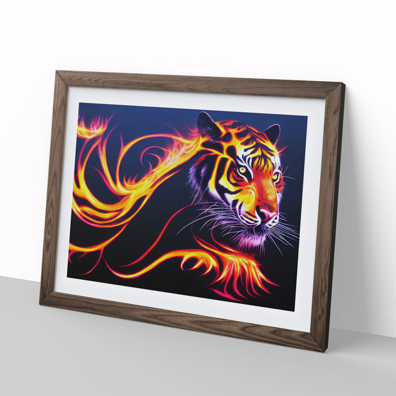 Tiger In Flames Abstract - Single Picture Frame Print, 25cm H x 34cm W x 2cm D, Walnut Framed