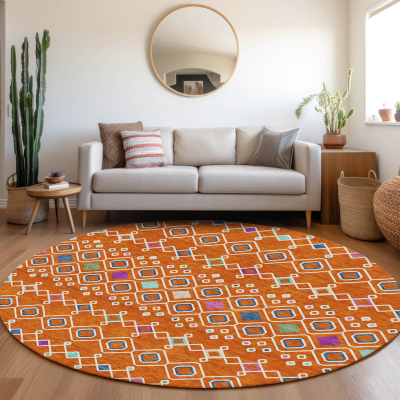 Premium Machine Washable Prisco Orange Rug, Round 8'