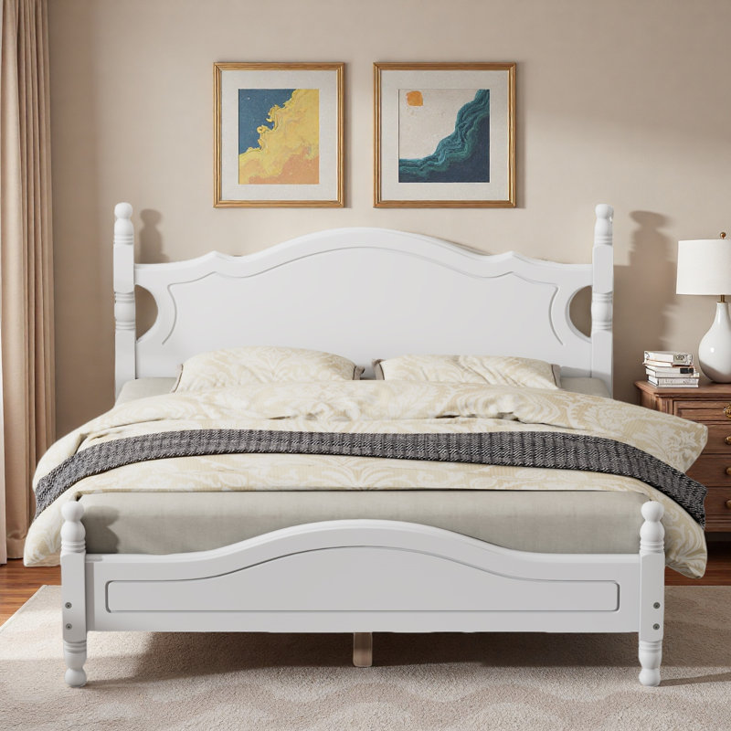 Lit plateforme de style rétro avec support en lattes de bois, Blanc, Grand lit