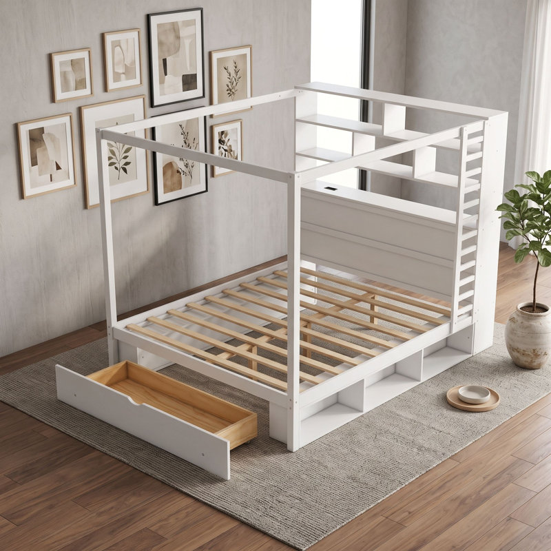 Lit plateforme en bois à baldaquin avec tiroir, bibliothèque intégrée, station de recharge, éclairage DEL, compartiments de rangement et garde-robe réversible.