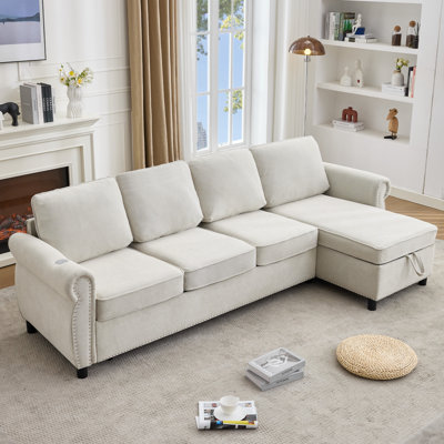 106.5" Pull Out Sofa Bed,L Shaped Modular 4 Seater Couch,2-In-1 Sofa Bed,Wireless Charging , USB Charging Ports,Memory Foam Mattress,Storage Space, Flannelette,Beige