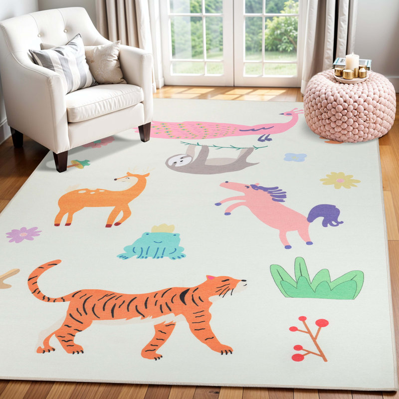 Animal Safari Non-Slip Kids Playroom Nursery Washable Indoor Area Rug, Rectangle 8' x 10'