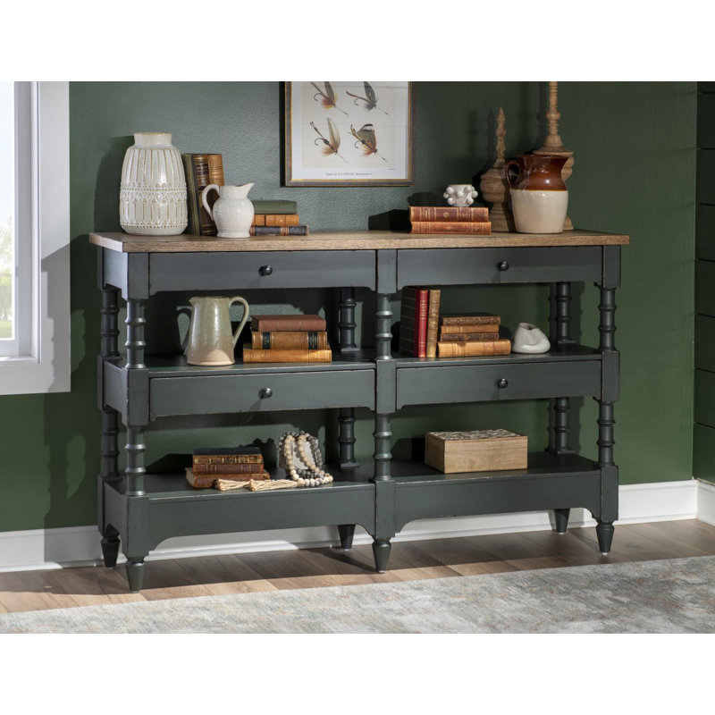 Console de rangement à pieds tournés rétro Country Country (4 tiroirs, 2 tablettes ouvertes), Vert