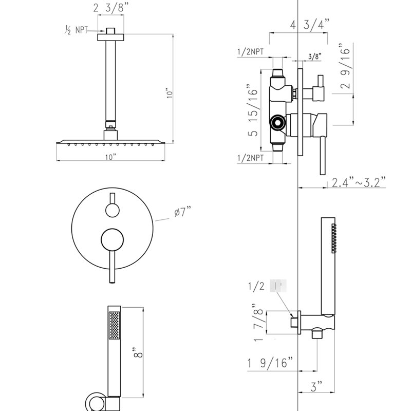 Douche ronde de plafond avec têtes de pluie et à main de 10 po, valve d'équilibrage, support réglable, joint rotatif 360 °, 2 poignées pour la température du débit d'eau, acier inoxydable 304 en laiton, dissimulé