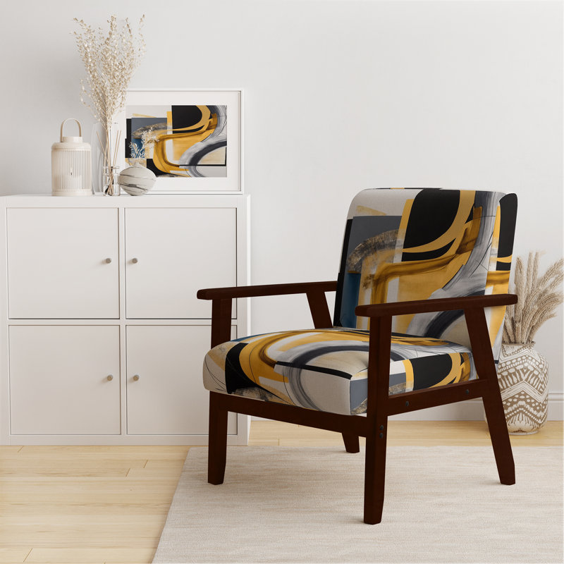 Fauteuil rembourré gris et jaune Kycia, Accoudoirs carrés bruns