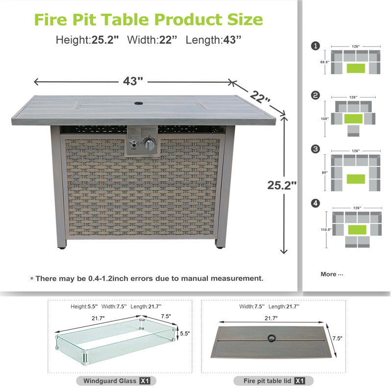 Table de foyer d'extérieur au propane H 25,2 po x l 43 po, Marron clair