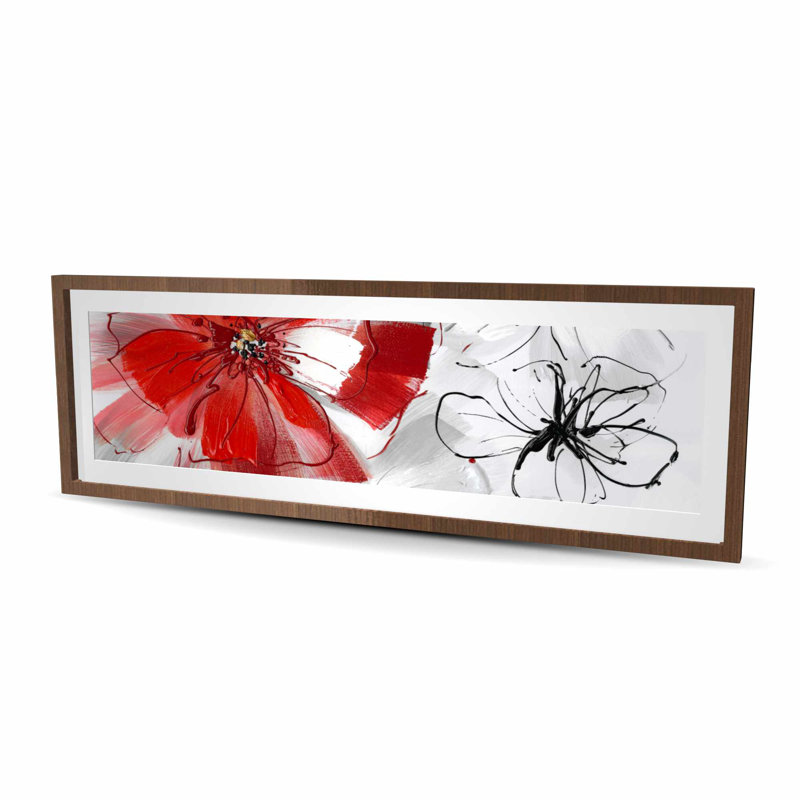 Fleurs rouges et grises - imprimé floral encadré gris mat