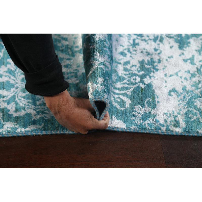 Tapis bleu noué à la main de conception unique 8 pi 2 po x 10 pi 2 po New Age