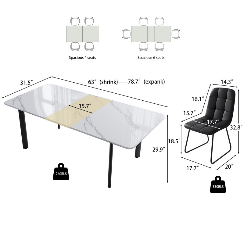 7 Piece Mdf Dining Table Set, Extendable Rectangular Table , Modern Kitchen Dining Table Set, Dining Table With 6 Dining Chairs