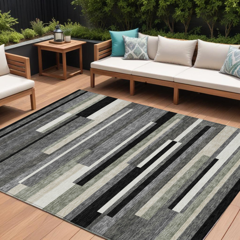 Tapis extérieur lavable rayé gris anthracite et gris 8 pi x 10 pi