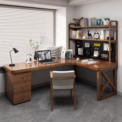 Walnut L-Shaped Solid Wood Executive desk with drawers desk