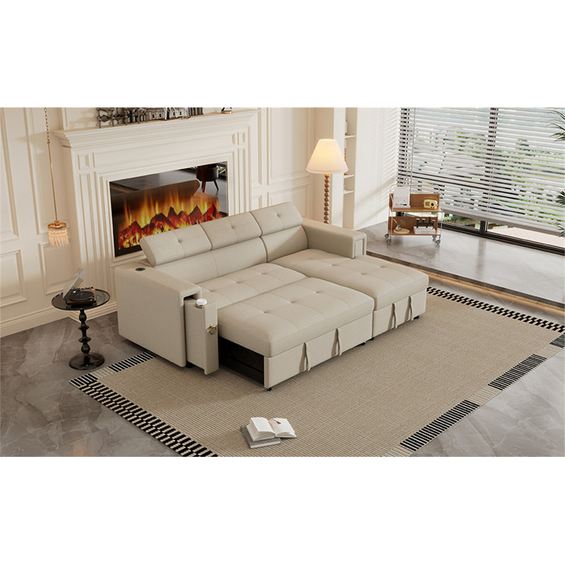 96" Multi-Functional Pull-Out Sofa Bed L-Shape Sectional Sofa With Adjustable Headrest, Beige Linen