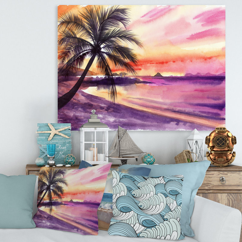 «Pink and Purple Palm Beach Sunset», reproduction sur toile, Toile tendue, H 16 po x l 32 po x p 1 po