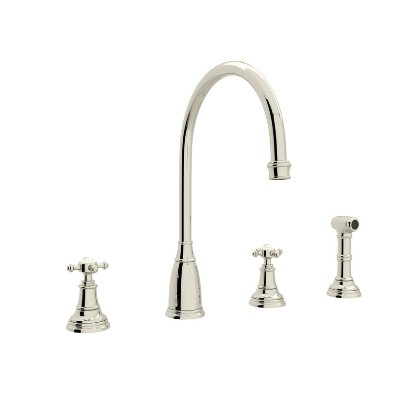 Georgian Era Two Handle Kitchen Faucet With Side Spray, Polished Nickel, Cross