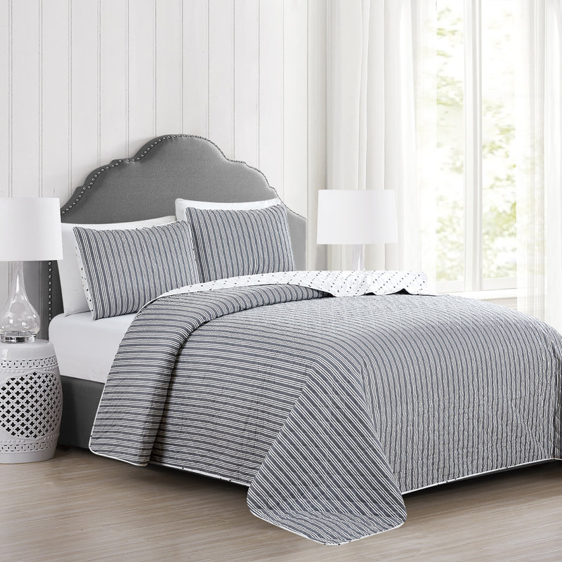 Twin Gray Reversible Microfiber Striped Quilt Set