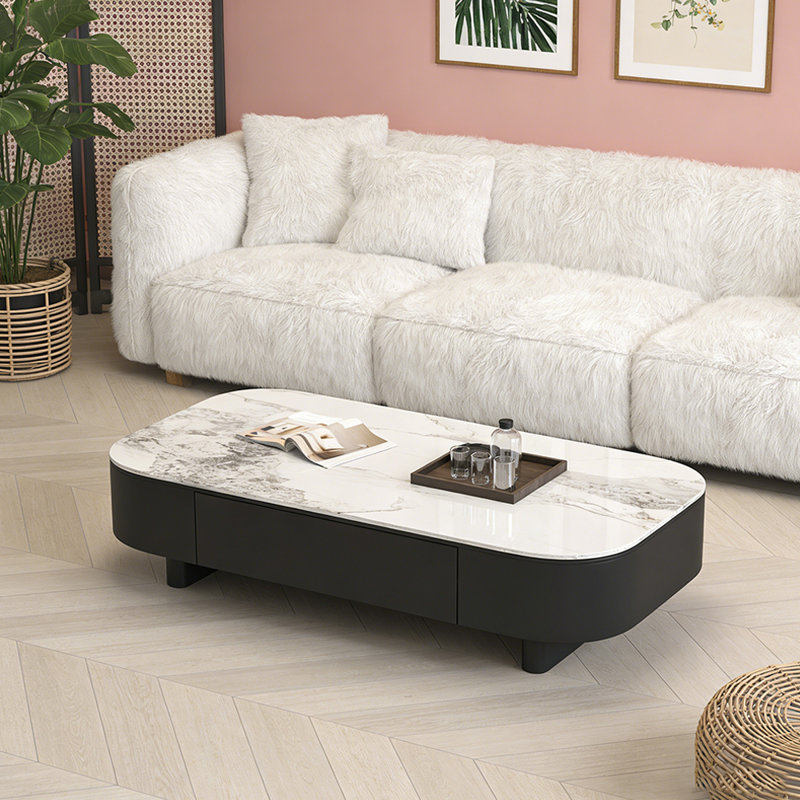 Table basse avec tiroir Luxury Rock, Blanc / Gris, 15.74" H x 55.11" L x 27.55" W, Noir