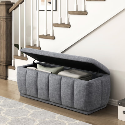 Gray Textured Fabric Covered Plywood Storage Bench For Bedroom And Living Room With Spacious Interior Organizing