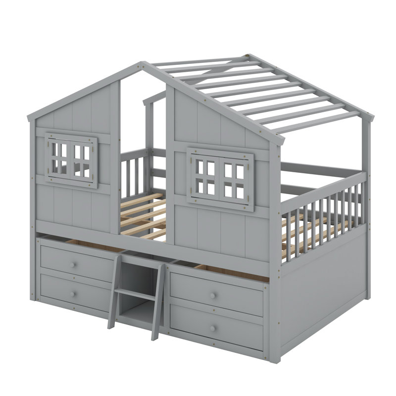 Full Size House Loft Bed With Roof, Windows,4 Storage Drawers,Pine Wooden Bed With Safety Guardrails,Ladder, Gray